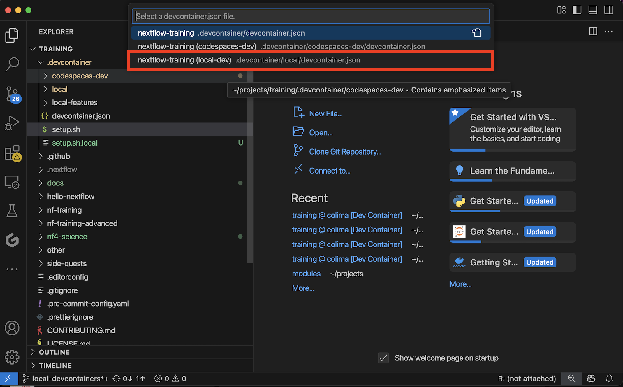 Seleccionant la configuració local